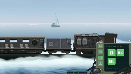 HD desktop wallpaper of The Final Station video game, showing a detailed train scene by the water with a sailboat in the distance and an interactive control panel in the foreground.