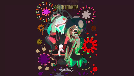 4K Ultra HD Splatoon 2 wallpaper featuring two characters in Halloween-themed costumes surrounded by colorful ink splatters and the text Splatty Halloween.