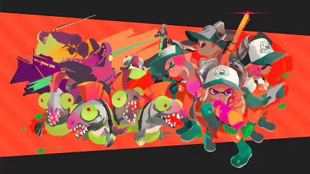 Vibrant Splatoon 2 characters and creatures in action, designed as a dynamic 4K Ultra HD PC desktop wallpaper and background.