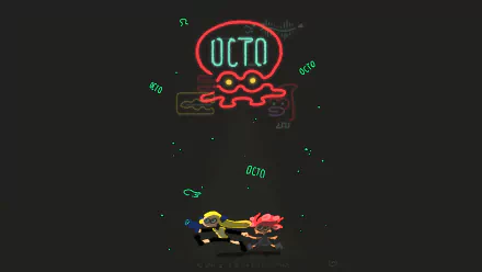 4K Ultra HD Splatoon 2 Octo Expansion wallpaper featuring neon-style Octo logo with two Inkling characters in action against a dark background.
