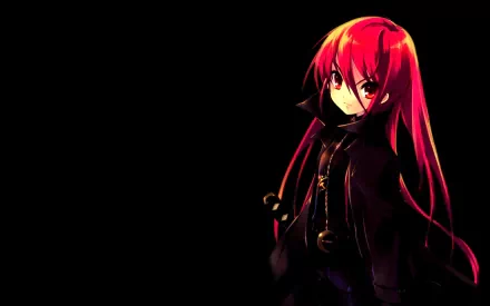 A captivating HD wallpaper featuring Shana from Shakugan No Shana, showcasing her striking red hair and dark attire against a minimalist background.