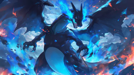 HD desktop wallpaper featuring Mega Charizard X from Pokémon, showcasing its powerful Mega Evolution with a vibrant blue and orange flame background.