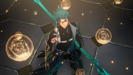 HD desktop wallpaper of Jiyan from the video game Wuthering Waves, showcasing a dynamic pose with glowing orbs and futuristic elements.