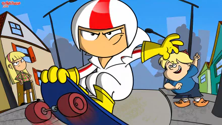 HD desktop wallpaper featuring Kick Buttowski, a character from the TV show, performing a daring skateboard stunt as onlookers cheer in an urban neighborhood.