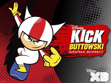 HD desktop wallpaper of the TV show Kick Buttowski: Suburban Daredevil featuring the main character in action, with the show's title prominently displayed.