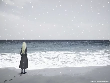 Anime character Nana stands alone on a snowy beach, gazing at the ocean under a grey sky. This HD desktop wallpaper captures a serene and contemplative moment.