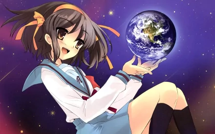 Haruhi Suzumiya from The Melancholy of Haruhi Suzumiya — anime HD PC desktop wallpaper of a smiling schoolgirl in uniform floating against a starry purple sky, holding a glowing Earth.