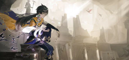 4K Ultra HD wallpaper featuring Sethos, a boy character from Genshin Impact, sitting thoughtfully against a muted, ancient cityscape background.