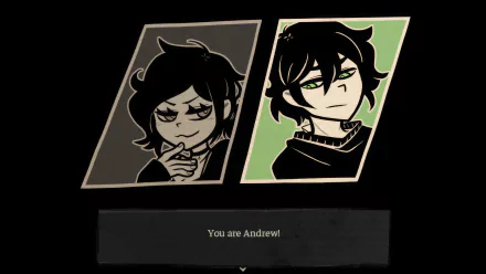 HD desktop wallpaper for the video game The Coffin of Andy and Leyley featuring stylized portraits of two characters, one with a sly expression and the other with a more somber look. Text reads, You are Andrew!