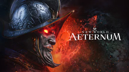 HD wallpaper of the video game New World, featuring a close-up of a character with glowing red eyes and a detailed helmet, set against a fiery background displaying the game's title, Aeternum.