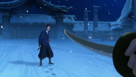 HD wallpaper depicting a tense scene from Blue Eye Samurai anime; a character wields a sword on a snowy night, ready for combat.