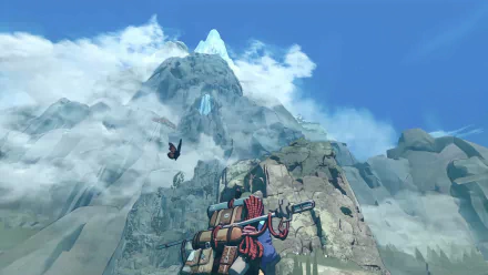 HD desktop wallpaper featuring a scene from the video game Cairn, depicting a hiker with a large backpack ascending a rugged, mountainous landscape under a partly cloudy sky.