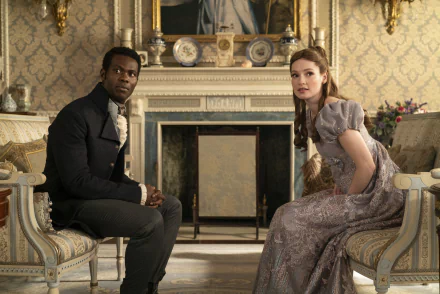 Two characters from the TV show Bridgerton sit in an opulent, vintage-style room. The image serves as a HD desktop wallpaper and background.