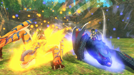 HD desktop wallpaper of Monster Hunter Stories 2: Wings of Ruin, featuring two characters riding vibrant, powerful monsters amidst sparkling battle effects in a verdant landscape.