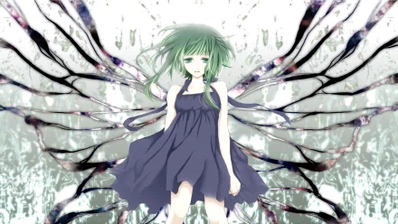 HD PC desktop wallpaper featuring GUMI from Vocaloid in anime style, with ethereal wings and flowing green hair against a soft, abstract background.