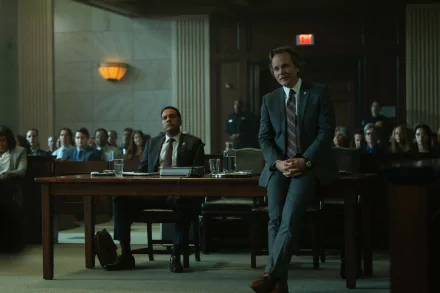 Peter Sarsgaard in a courtroom scene from the 2024 TV show Presumed Innocent. The HD desktop wallpaper features an intense legal moment with a full audience seated in the background.