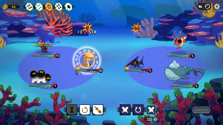 A colorful HD desktop wallpaper of the video game Dicefolk, featuring an underwater battle scene with various sea creatures and gaming interface elements visible.