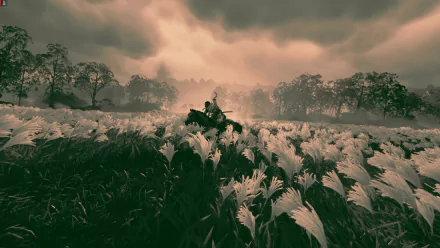 HD PC desktop wallpaper featuring Jin Sakai from Ghost of Tsushima on PlayStation 5, riding through a field under a dramatic, cloudy sky.