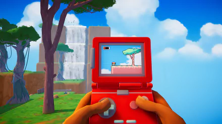 HD wallpaper featuring hands holding a red handheld video game console. The game on screen shows a character near a tree with a waterfall and trees in the real-life background. Tags: video game, Screenbound.