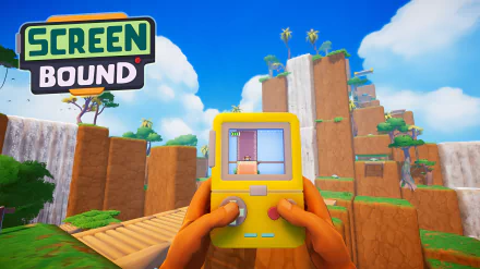 A vibrant HD desktop wallpaper for the video game Screenbound, featuring a handheld gaming device and a whimsical landscape with waterfalls and floating islands in the background.