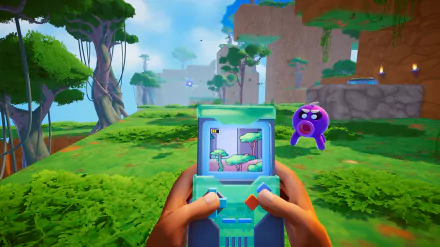 A vibrant HD desktop wallpaper of a video game scene, showing hands holding a retro gaming device with a colorful, fantasy landscape and a purple character in the background.