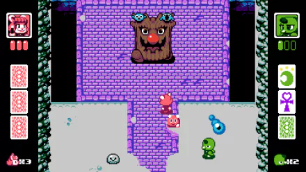 HD desktop wallpaper featuring a retro-style scene from the video game UFO 50, showcasing colorful characters and a boss battle against a face-bearing tree in a pixel art environment.