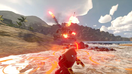 HD wallpaper of Killer Bean, a character from a video game, in an action scene on a beach with distant explosions and vibrant visuals.