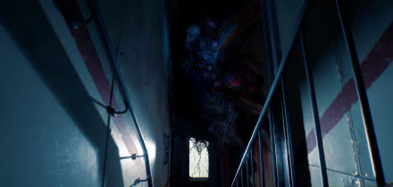 HD desktop wallpaper from the video game Still Wakes the Deep, featuring a dimly lit, eerie hallway with an unsettling creature lurking overhead.