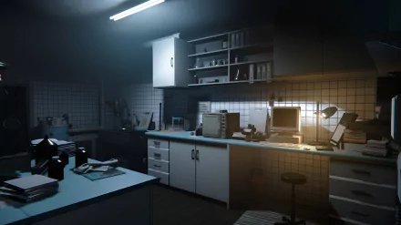 HD desktop wallpaper from the video game Autopsy Simulator, featuring a realistic, dimly-lit autopsy room with various medical equipment and a computer setup.