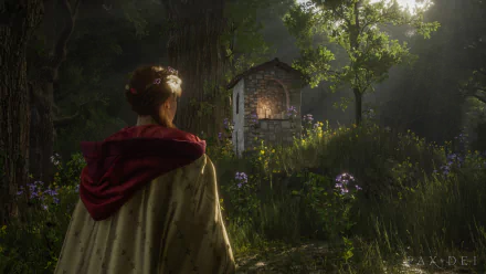 HD desktop wallpaper featuring lush greenery from the video game Pax Dei, showcasing a character in a medieval gown facing a small stone shrine in a serene forest setting.