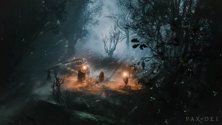 HD desktop wallpaper and background of a dark, misty forest scene from the video game Pax Dei, featuring three cloaked figures holding lanterns.