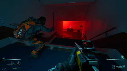 HD desktop wallpaper for Level Zero: Extraction video game, showing a player with a weapon and another character crouching on stairs, illuminated by a red light in a futuristic setting.