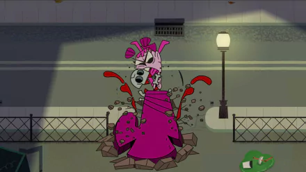 HD desktop wallpaper featuring a scene from the video game BLUD, showcasing a character emerging from the ground in a vibrant and animated urban setting.