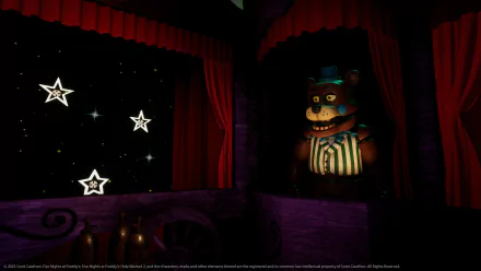 HD desktop wallpaper from Five Nights at Freddy's: Help Wanted 2, featuring a dark stage with a creepy animatronic bear and glowing stars in the background.