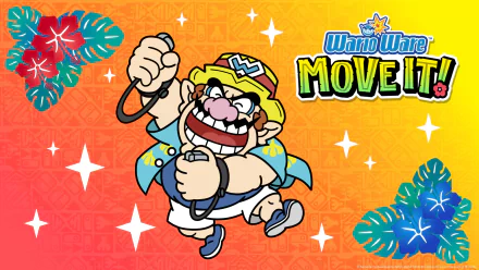 HD PC desktop wallpaper of Wario from WarioWare: Move It! pumping a microphone, grinning on an orange-to-yellow gradient background with stars, tropical leaves and the Move It! logo.