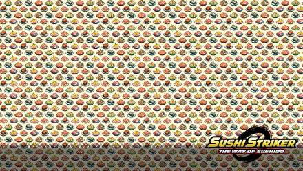 4K Ultra HD PC desktop wallpaper of repeating colorful sushi icons on a cream grid with the Sushi Striker: The Way of Sushido logo at bottom-right.
