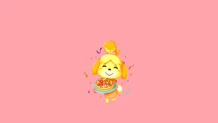 HD PC desktop wallpaper featuring Isabelle from Animal Crossing: Pocket Camp holding a pizza, set against a solid pink background with musical notes.