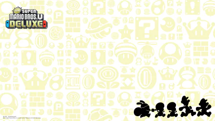 4K Ultra HD PC desktop wallpaper featuring silhouettes of New Super Mario Bros. U Deluxe characters with iconic game icons in the background and the game logo in the top left corner.