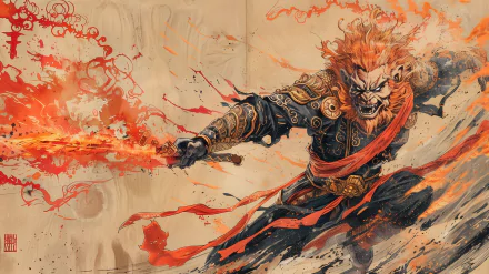 HD desktop wallpaper featuring Sun Wukong, a Japanese fantasy warrior, wielding a flaming staff in an intense and dynamic battle scene with vivid colors and fiery details.