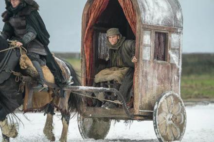 HD desktop wallpaper featuring a scene from the TV show Vikings (2013) with the character Ivar the Boneless. Ivar is seated in a wooden cart being pulled through a snowy landscape.