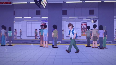 Pixel art scene from the game Until Then depicting a busy train station, set as a HD desktop wallpaper and background.