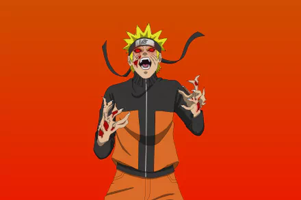 8K Ultra HD anime wallpaper of Naruto in Kyūbi mode with fiery red eyes and clawed hands, set against a vibrant orange background.