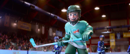 A vibrant HD desktop wallpaper from Inside Out 2, featuring a character in a green hockey uniform playing on an ice rink, with an audience watching in the background.