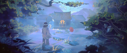 HD PC desktop wallpaper featuring Hua Cheng from Tian Guan Ci Fu (Heaven Official's Blessing) in a serene, softly lit village scene at dusk.
