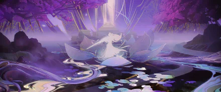 HD desktop wallpaper featuring Xie Lian from Heaven Official's Blessing (Tian Guan Ci Fu) in a mystical purple-hued scene with glowing lilies and ethereal light.