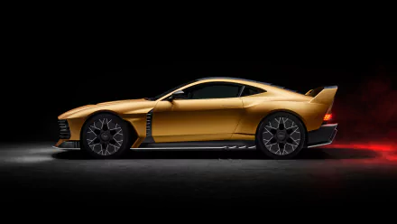 HD desktop wallpaper featuring a sleek Aston Martin Valiant in golden color, with a side profile view against a dark background.