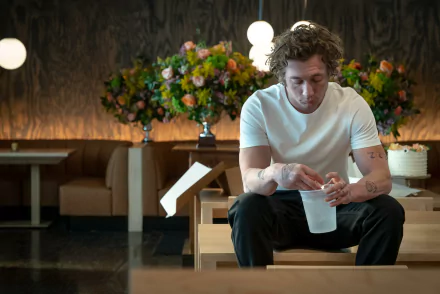 HD desktop wallpaper featuring Jeremy Allen White from the TV show The Bear, sitting in a restaurant with vibrant flowers in the background.