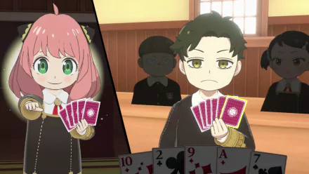 HD desktop wallpaper for SPY×ANYA: Operation Memories video game, featuring two animated characters playing a card game.