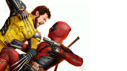A dynamic 4K Ultra HD wallpaper featuring Deadpool and Wolverine in an action-packed pose, showcasing their iconic costumes and fierce expressions.