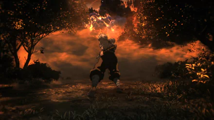 Demon Slayer: Kimetsu no Yaiba — Sanemi Shinazugawa stands with sword amid embers and scorched trees under a fiery sky, HD anime PC desktop wallpaper.